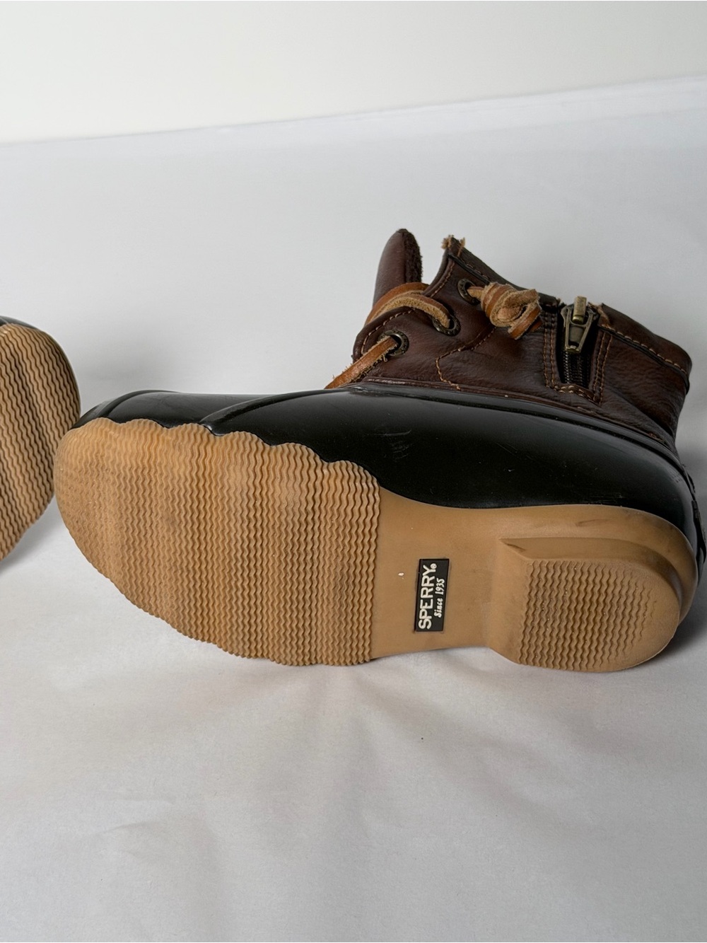Sperry Kids Brown Leather & Black Rubber Rain Boots with Tan Laces - Picture 9 of 13